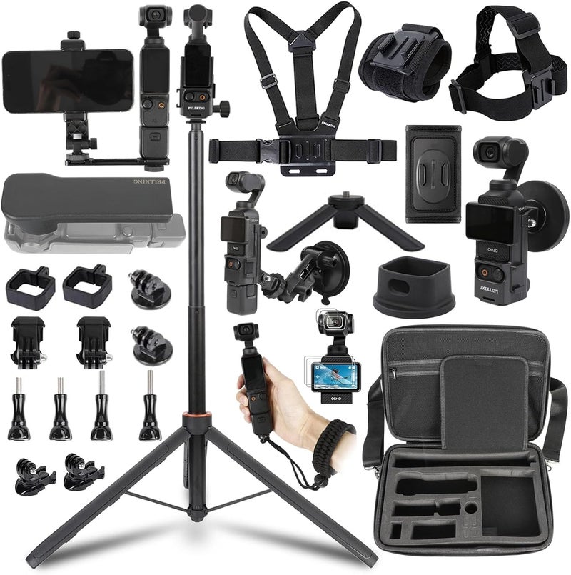 PELLKING Accessories Kit for Osmo Pocket 3/Xtra Muse,Included Carrying Case with Belt,135cm Selfie Stick Tripod,Suction Cup,Magnetic Mount,4 Pcs Body Strap Mount,Silicone Base,Mini Tripod and Others - Image 1